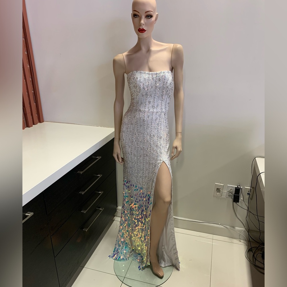 Sherri Hill 54911 Shiny~Ivory / Sequins Strapless gown with high slit